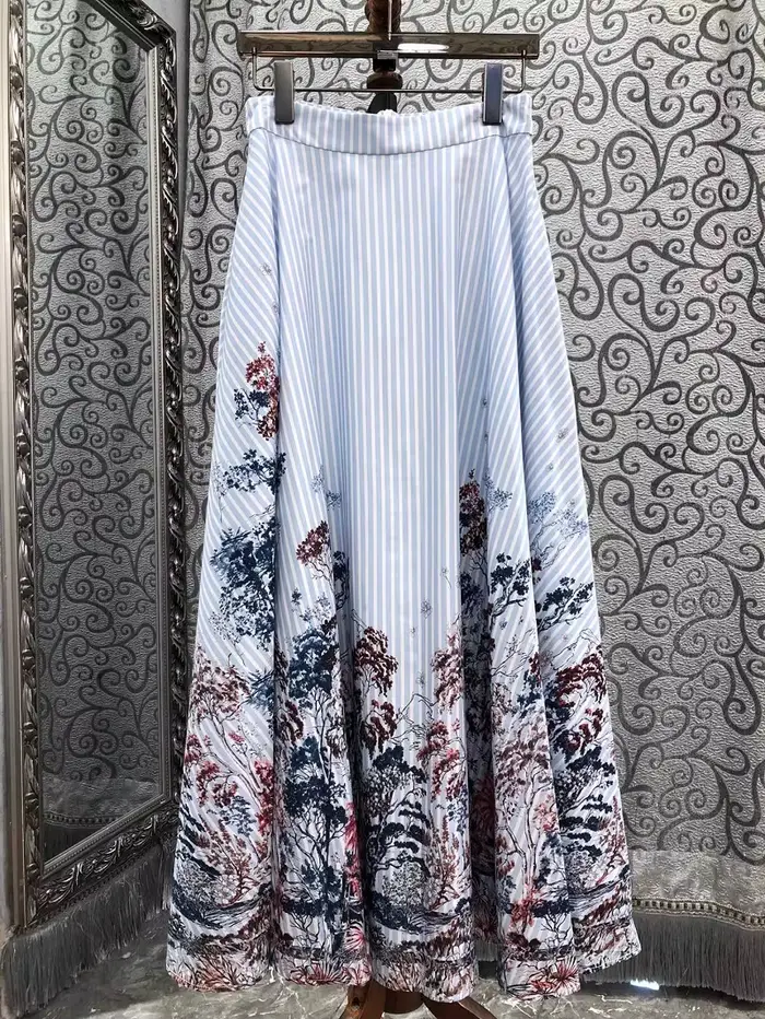 100% coton jupes longues 2025 printemps mode Style femmes Vintage imprimé Floral taille haute longue Maxi rayé bleu