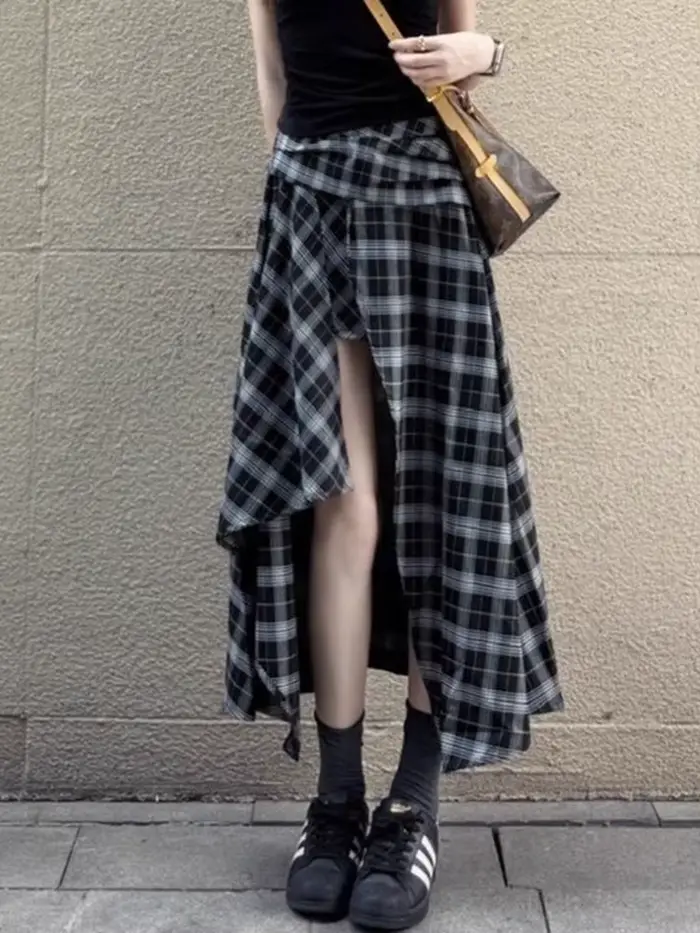 Jupe longue fendue à carreaux sexy pour femme