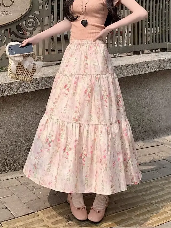 Zoki mignon jupes longues à fleurs femmes élégant taille haute rétro jupe douce japon décontracté am