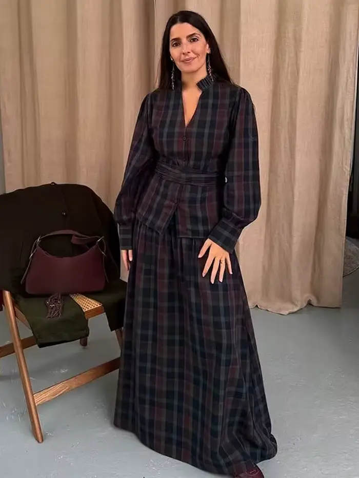 HH femme jupe costume mode Plaid manches longues simple boutonnage col en V chemise hauts + Chic taille haute fermeture