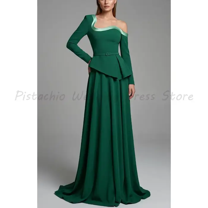 Robe de soirée verte asymétrique en satin pour soirée officielle avec train de balayage et décolleté d'une épaule pour femmes de tous âges