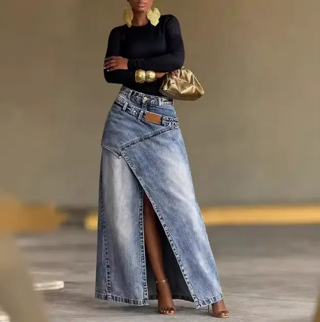Jupe longue en jean décontractée pour femme, nouvelle collection printemps-automne 2026, couleur uni
