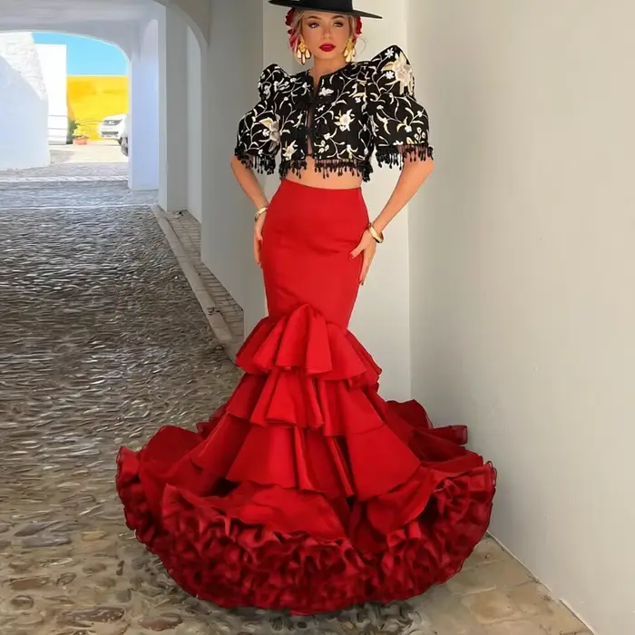 Jupe de flamenco noire pour femme, taille haute, à volants, style sirène, longue, pour danse espagno