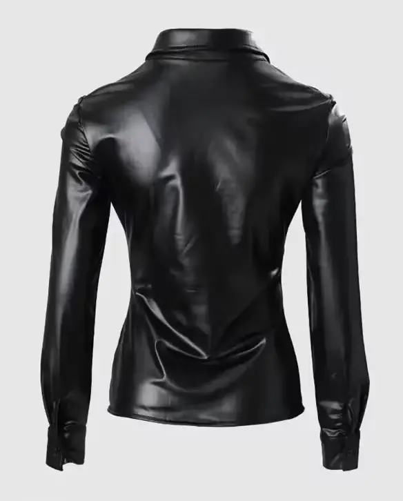 Chemise boutonnée sur le devant en simili cuir pour femme avec col à revers froncé Haut à manches longues élégant et confortable