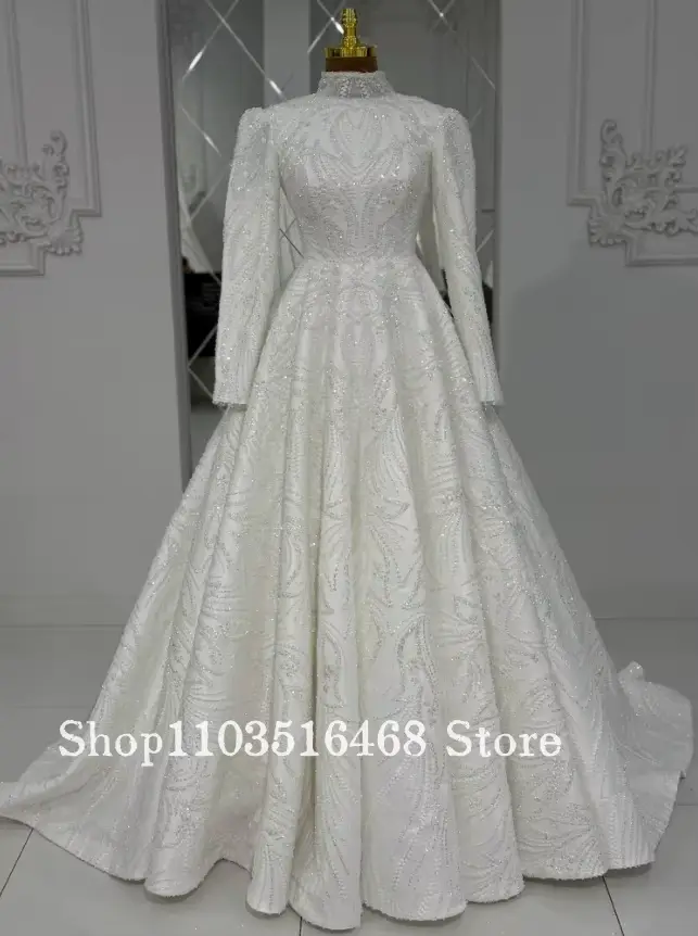 Robe de mariée musulmane personnalisée blanche à manches longues