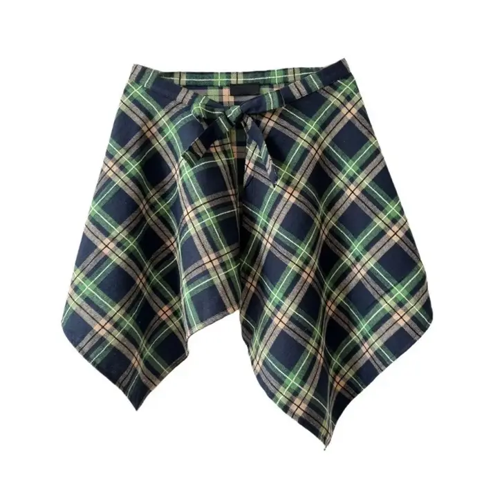 Jupe tablier à carreaux Vintage, cravate à taille, jupe portefeuille irrégulière