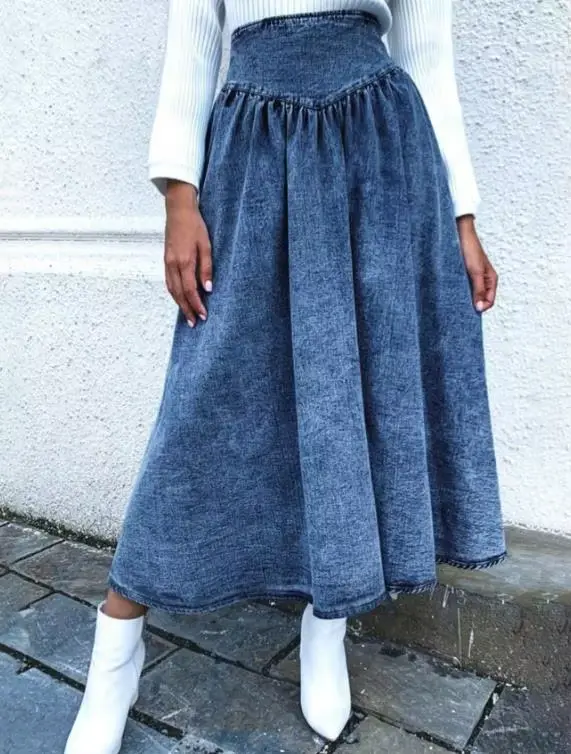Jupe mi-longue en Denim pour femmes, couleur unie, taille haute, cintrée, Streetwear, décontractée,