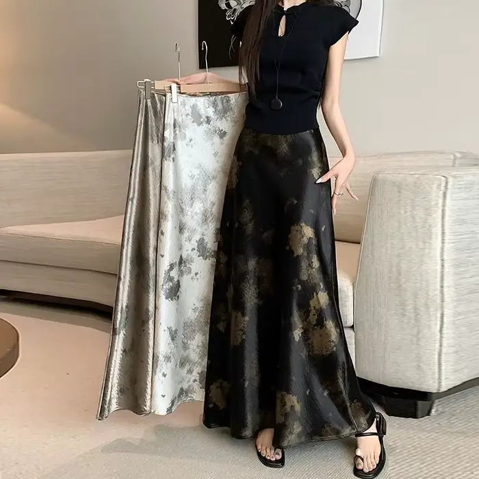 Jupe sirène en satin imprimée vintage taille haute pour femme