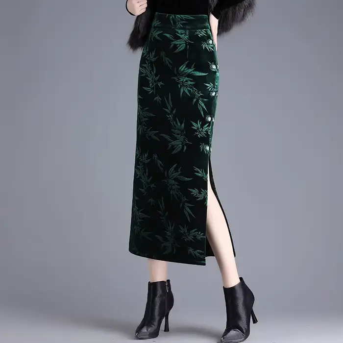ZUZK velours imprimé jupe moulante élastique taille haute coupe droite mi-longue fente femmes automne hiver nouvelle