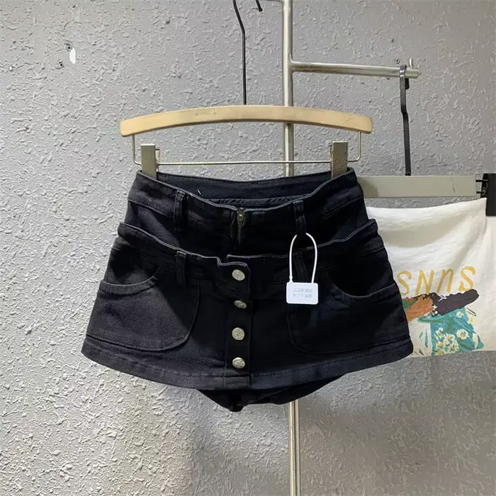 Jupe courte en jean effet deux pièces pour femme, style décontracté américain, délavée, rétro, coupe