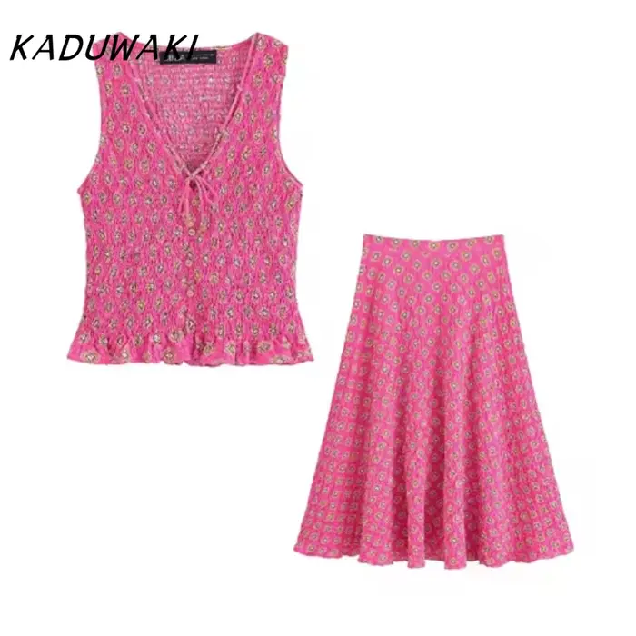 KADUWAKI Y2k imprimé jupes Maxi ensemble sans manches à lacets débardeurs taille haute Baggy