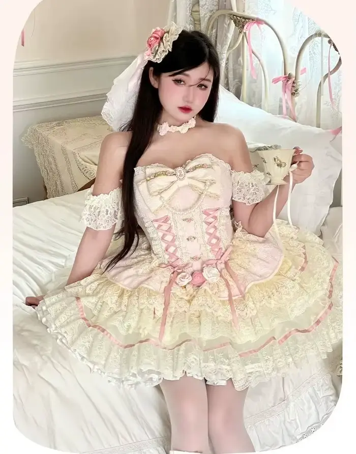 Jupe rose Lolita originale pour filles, style junior, avec noeuds aught, dégradé initié, tube top, hot girl, JK, kawaii cake, mini jupe d'été trempée