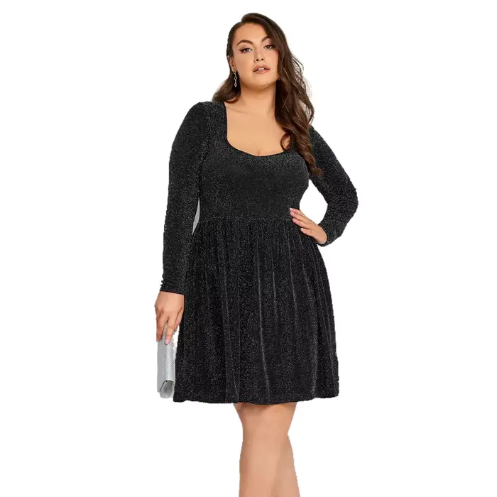 Robe de soirée élégante à manches longues pour femmes, robe mi-longue, paillettes argentées noires,