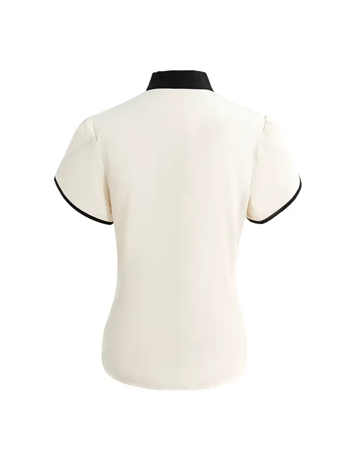 Chemisier Chic Basique Femme Printemps-Été Blanc Crème Noir Col Nœud Papillon Manches Courtes Bouffantes Élégant pour la Saint-Valentin Tenue de Bureau