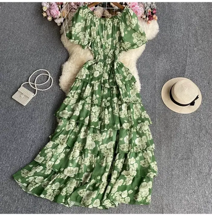 Robe longue à volants imprimé floral pour femme manches bouffantes col carré coupe trapèze été vacances occasions spéciales