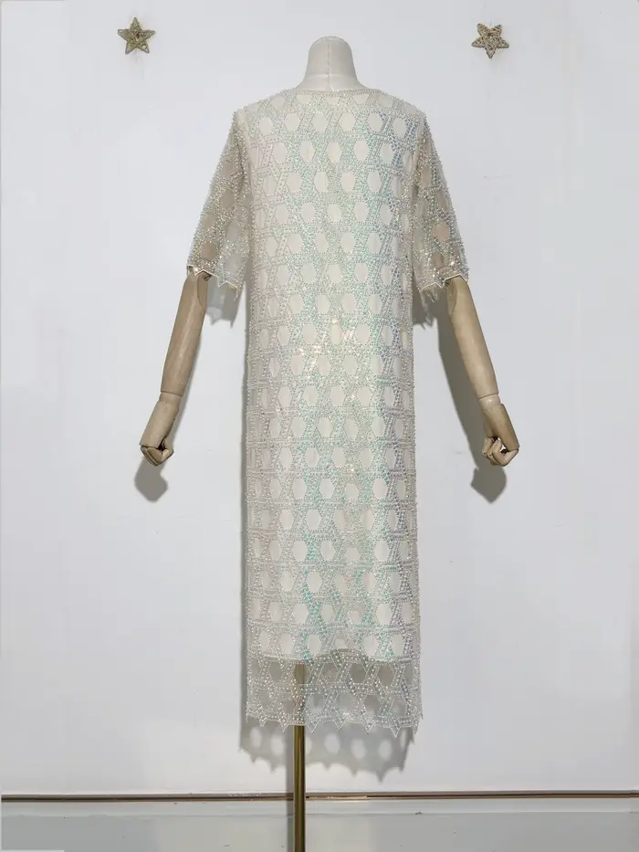 Glamour irisé femmes nouvelle paillettes perle perlée motif géométrique scintillant embelli col rond manches courtes maille robe mi-longue