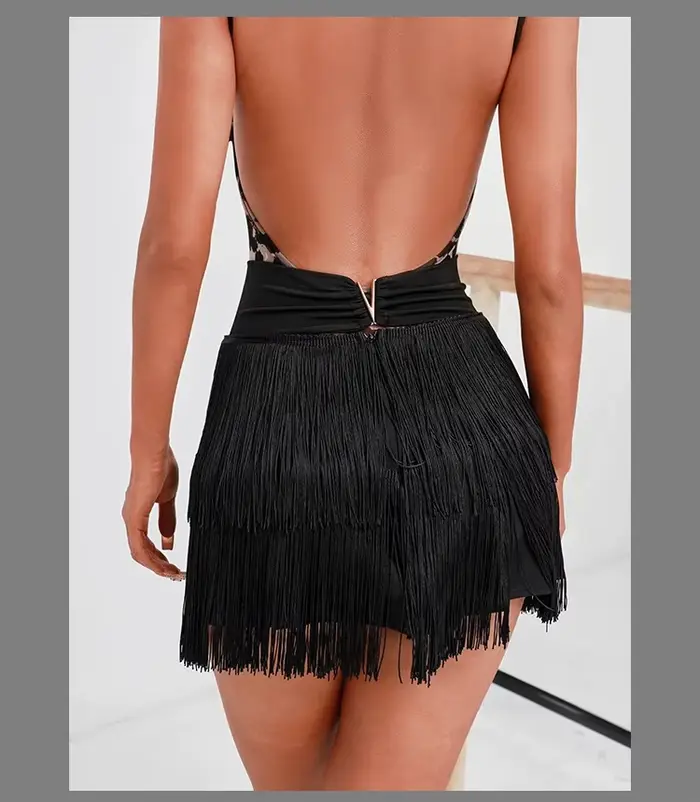 Jupe latine mi-longue à franges, design élégant avec pompons, tenue de danse extensible pour adultes