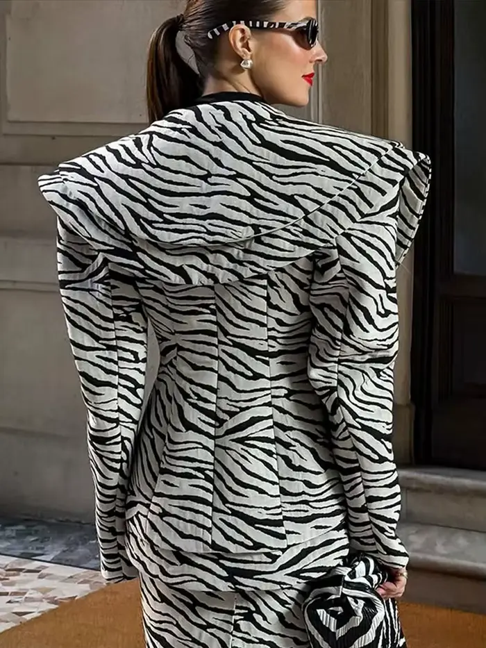 Mode zèbre imprimé profond-V veste jupe ensemble femmes revers complet Seeve cintré taille manteau mince