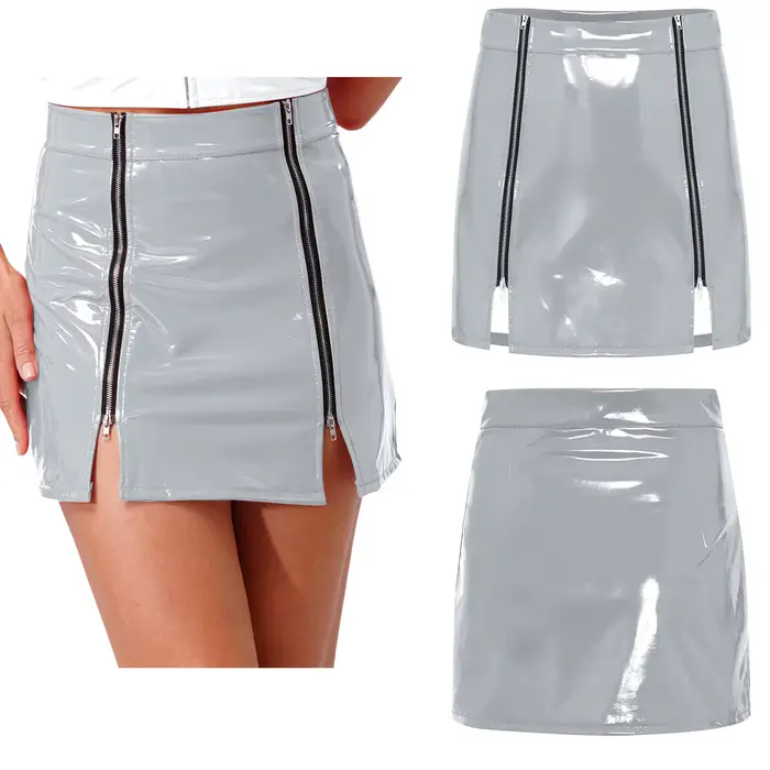 Jupe mini trapèze taille haute pour femme en similicuir effet mouillé avec fente