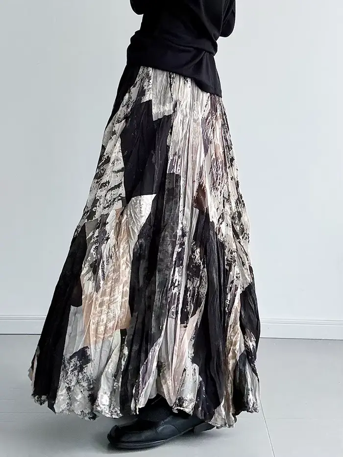 [EAM] taille haute élastique imprimé plissé élégant a-ligne demi-corps jupe femmes mode marée nouveau printemps automne 2026 1DJ5417