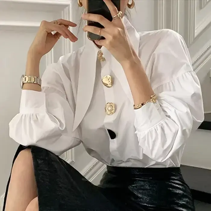 Chemise Magesuek en polyester avec col rabattu pour femmes, manches lanternes, coupe régulière, décontractée et élégante pour les occasions professionnelles et quotidiennes