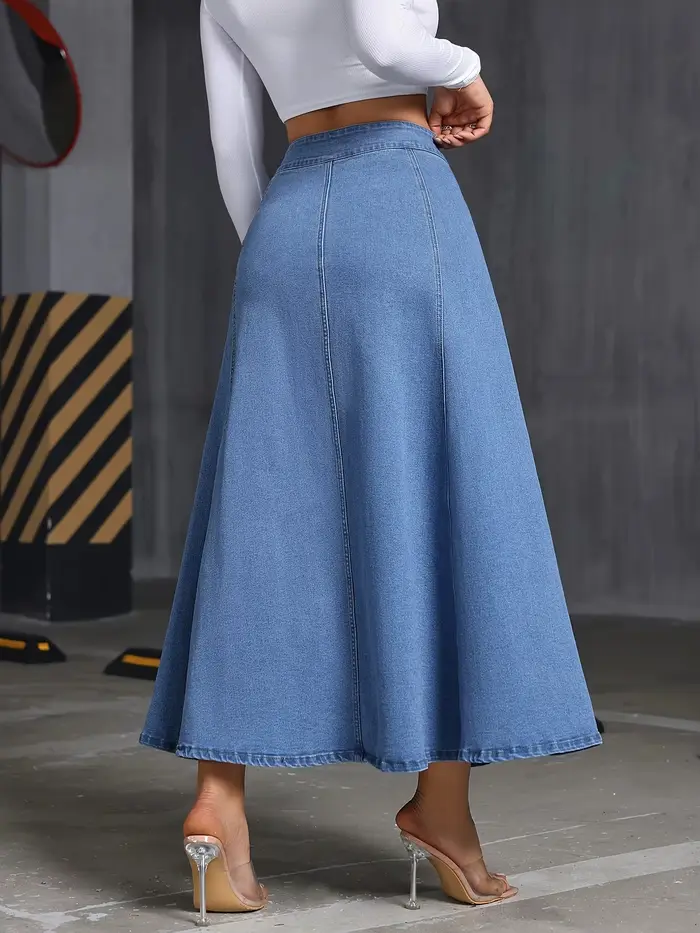 Jupe en jean ample et fluide de Mme W pour femmes junior, bleu, taille naturelle, étirement moyen, coupe ample, style décontracté, denim délavé, longueur cheville, bouton vintage, polyvalent pour toutes les saisons