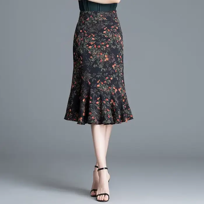 Jupe mi-longue sirène à imprimé floral pour femme, taille haute, ourlet à volants, élégante, décontr