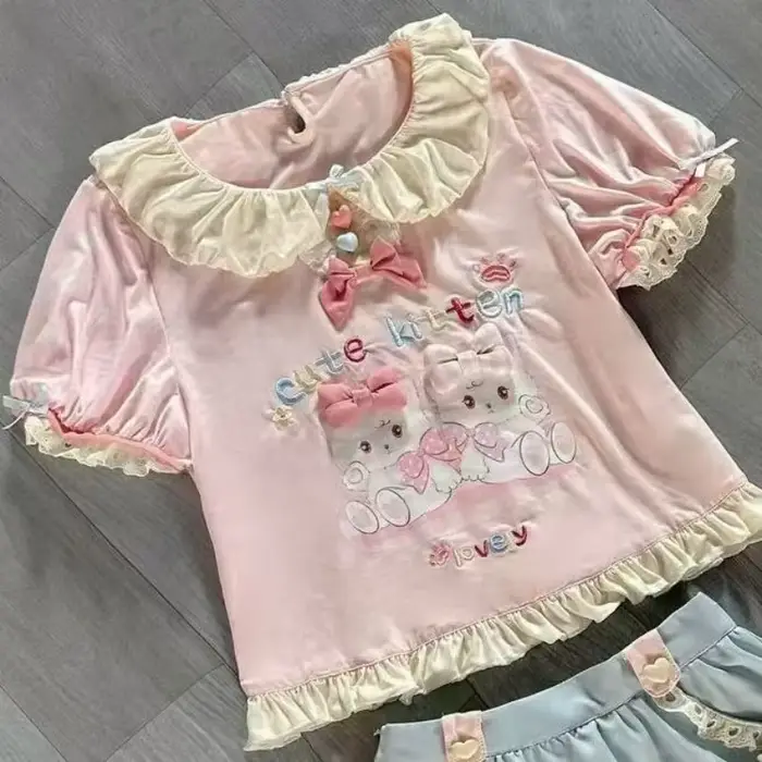 Nouvel ensemble jupe et t-shirt style Lolita Kawaii japonais pour femme, avec nœud et imprimé chat, 