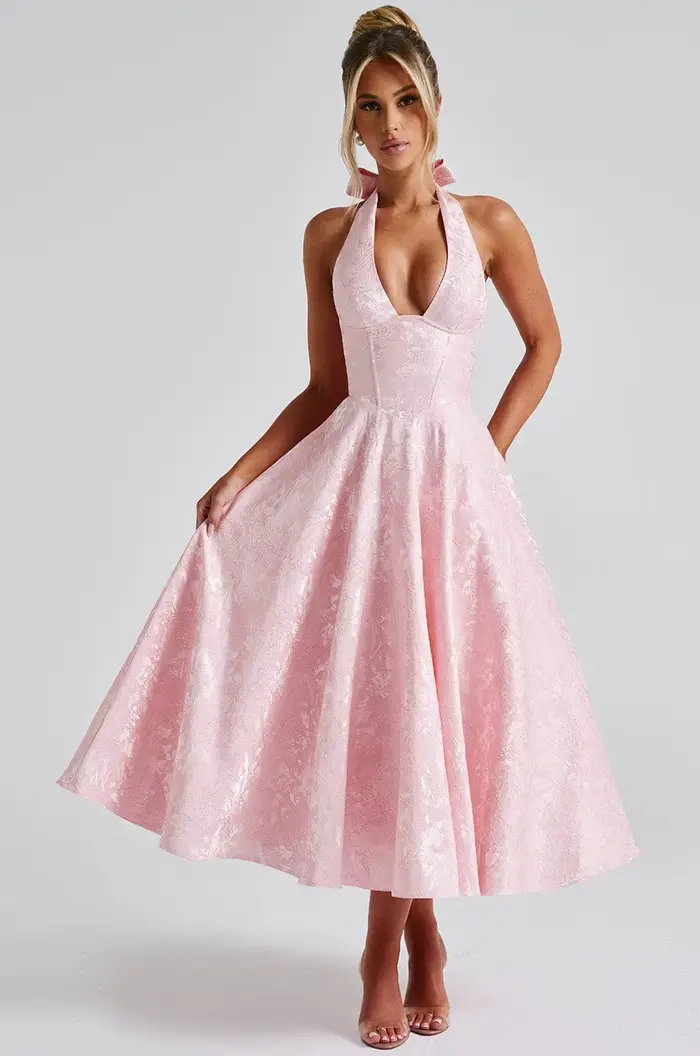 Robe longue élégante sans dos, col en V, sans manches, taille haute, imprimé floral, mélange de poly