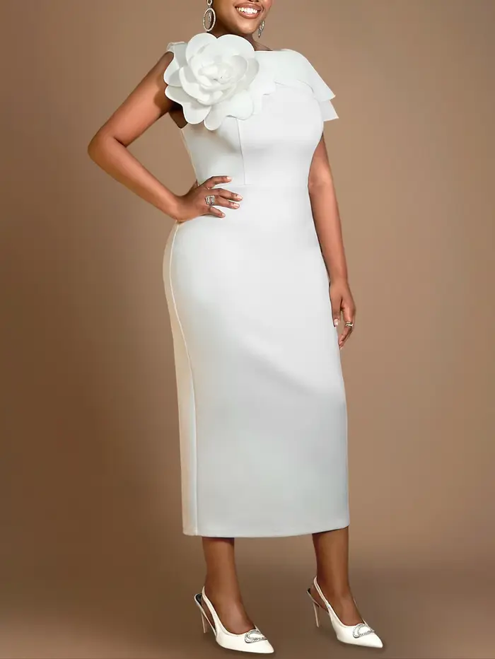 Robe mi-longue blanche à manches courtes pour femmes, col rond, design floral 3D, robes formelles, r