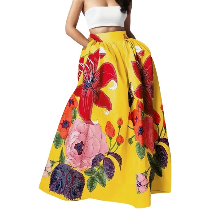 Jupe Maxi bohème imprimé fleuri pour femmes taille haute poche plage fête longue