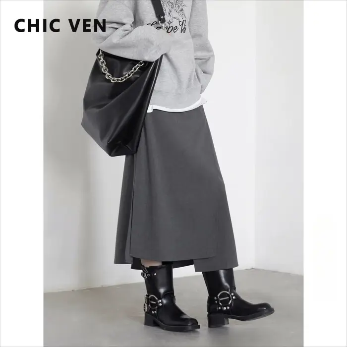 CHIC VEN nouvelles femmes jupes ample décontracté solide Tube droit conception fente irrégulière femme jupe dames vêtements printemps automne 2025