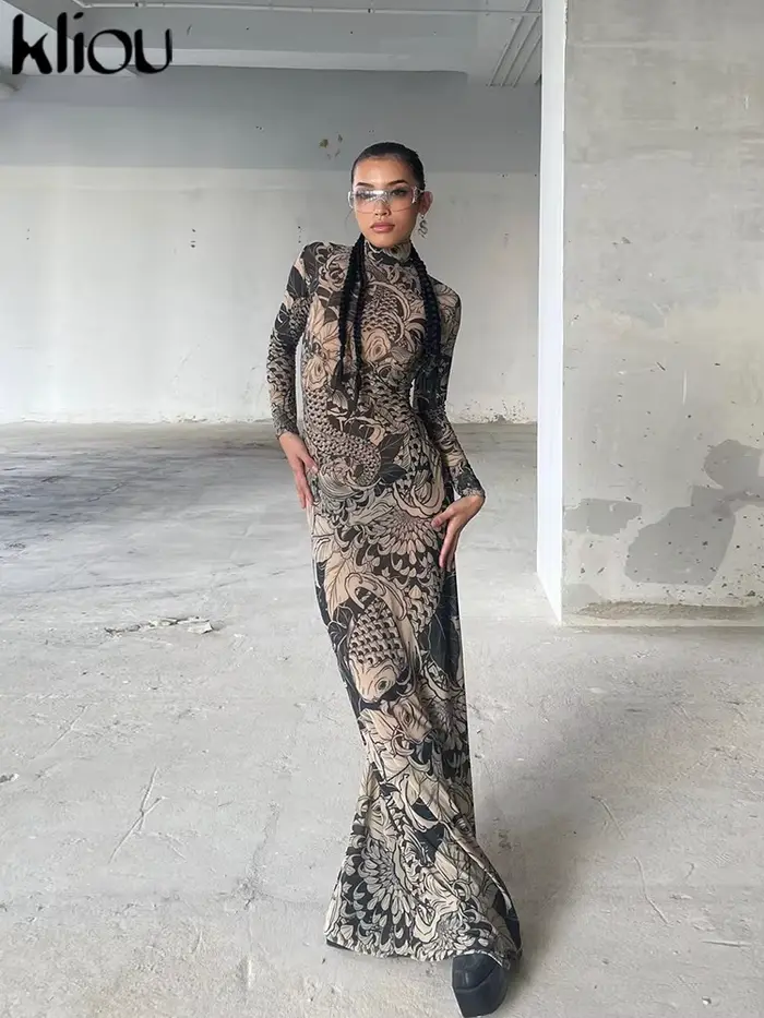 Kliou – Robe Maxi en maille imprimée Vintage pour femmes