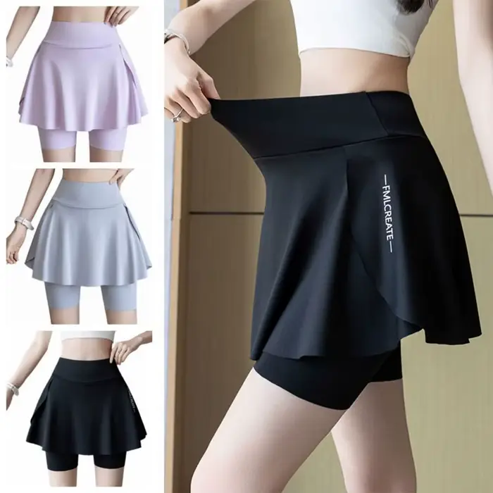 Jupe de tennis élastique pour femmes séchage rapide protection anti-exposition conception jupe faux deux pièces matériaux polyester construction sans couture occasions sportives et quotidiennes