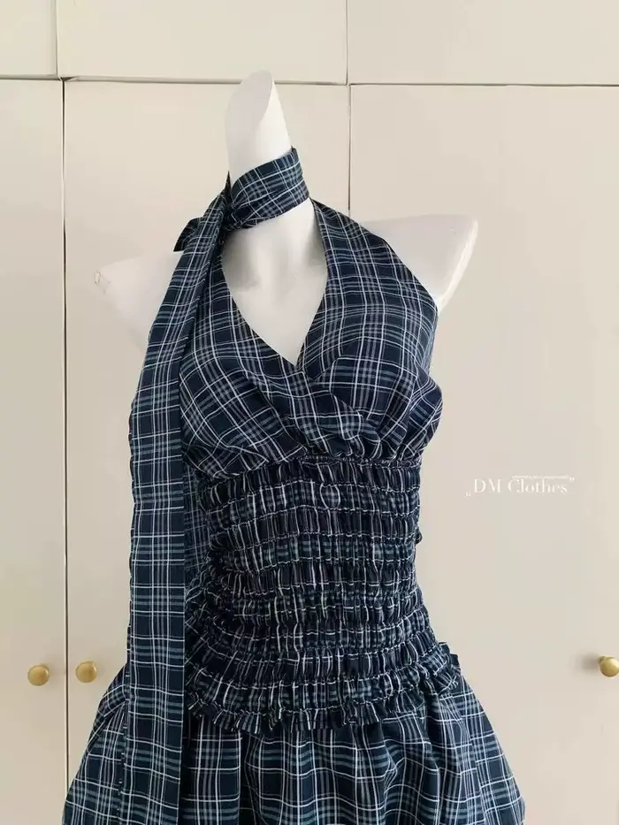 Rétro bleu marine haut à carreaux jupe courte costume femmes été Internet célébrité rue américaine douce fille chaude