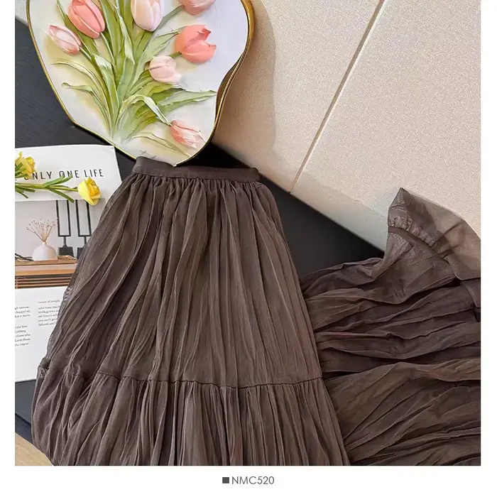 Jupes en Tulle éthéré pour femmes, taille haute, ligne a, ourlet superposé à volants, jupe Maxi pour