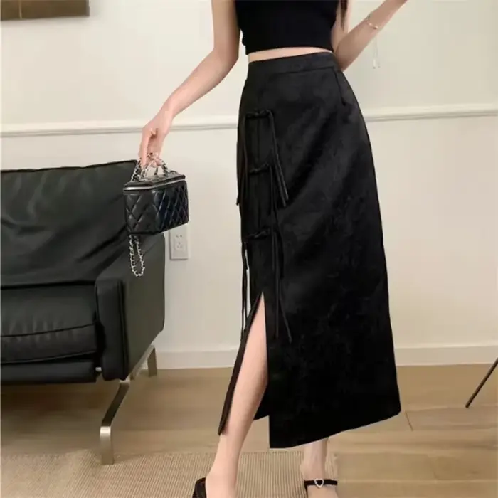 Jupe fendue noire Vintage pour femmes, nouveau Style chinois rétro, taille haute, Slim, mi-longue, v