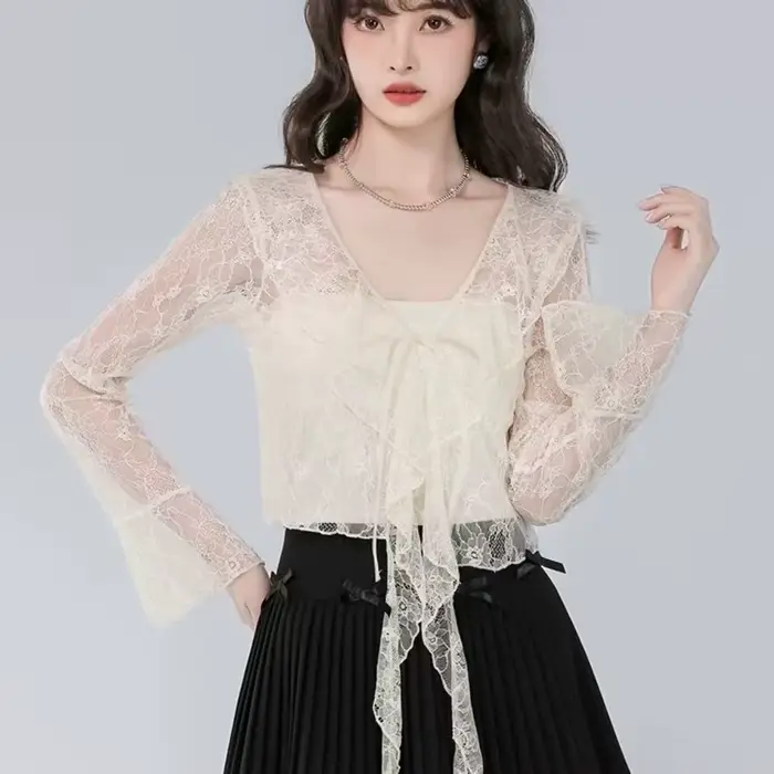 Manches longues mince respirant T-shirts femmes dentelle nœud Cardigan Blouse vêtements volants protection solaire