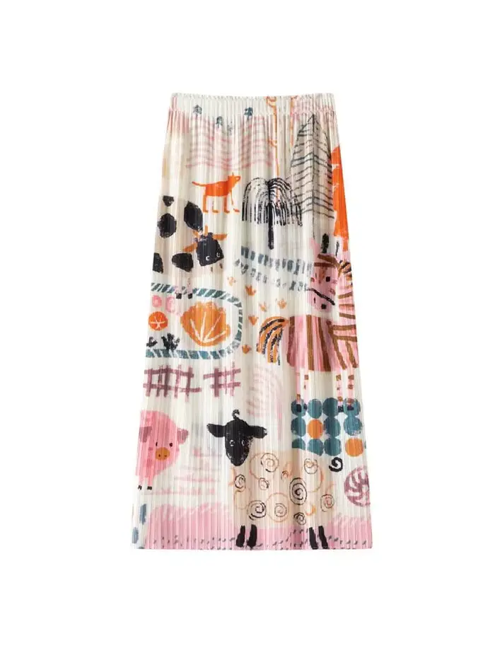 LANMREM – jupe mi-longue plissée pour femmes, imprimé animaux de la ferme, taille haute, ligne A, dé