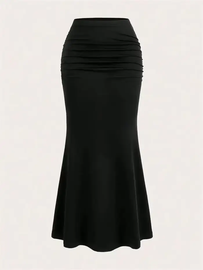 Jupe longue froncée moulante pour femmes, couleur unie, Sexy, noire, élastique, élégante, taille hau