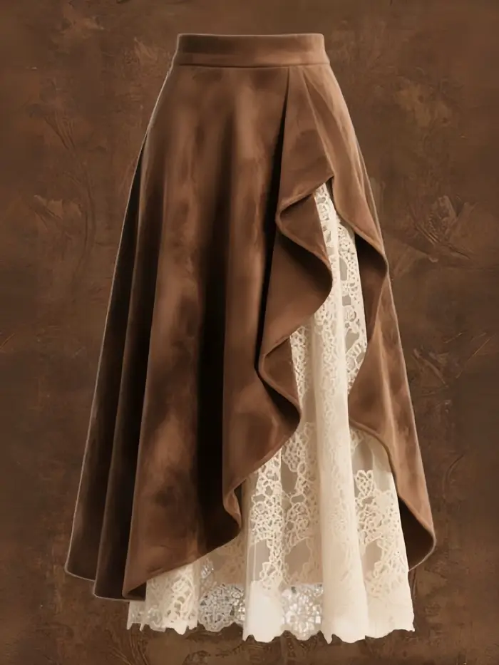 Jupe mi-longue en daim marron pour femme, style vintage occidental, avec patchwork en daim et dentel