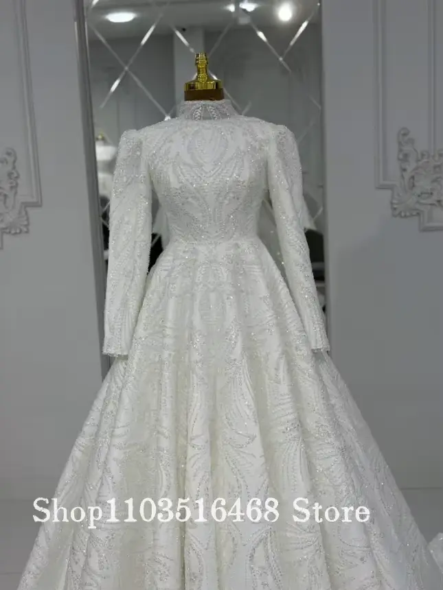 Robe de mariée musulmane personnalisée blanche à manches longues
