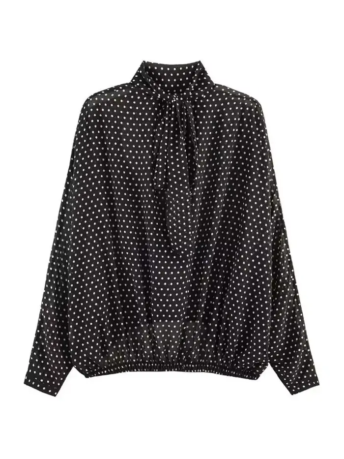 Ensemble 2 pièces jupe à pois pour femme, décontracté, col montant, manches longues à nouer, taille 