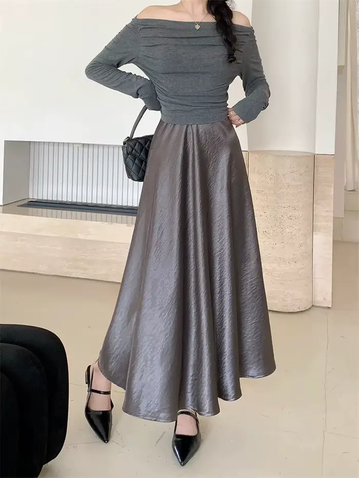 Jupe longue en satin d'été pour femme, élégante, coupe trapèze, taille haute, noire, style coréen, m