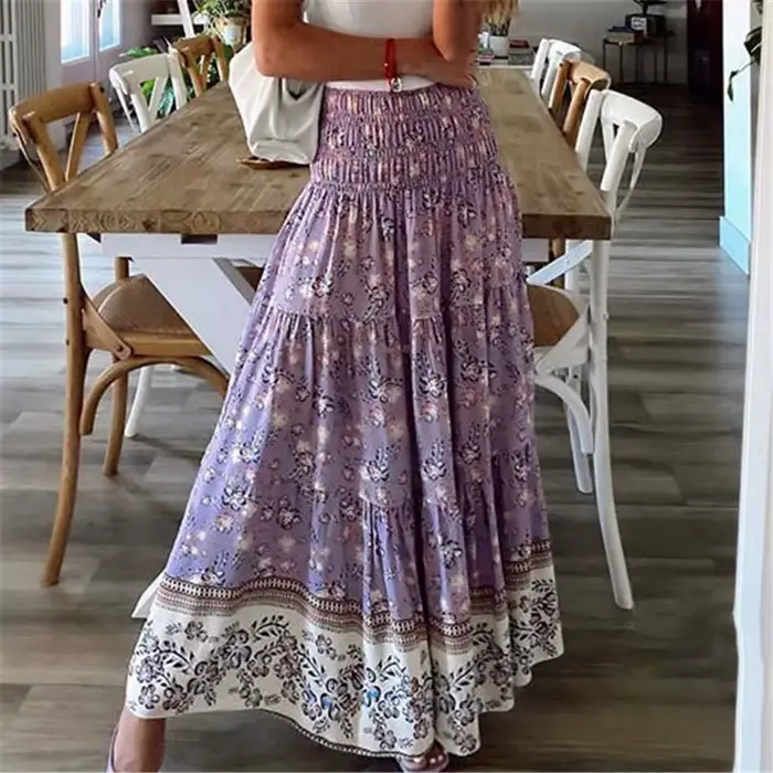 Jupe ample fleurie style bohème pour femmes, polyester extensible, longueur cheville, décontracté toute saison, multicolore