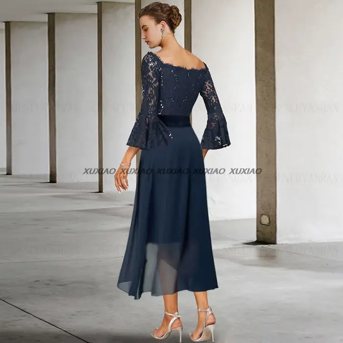 Robes mère de la mariée courtes bleues en dentelle et mousseline de soie