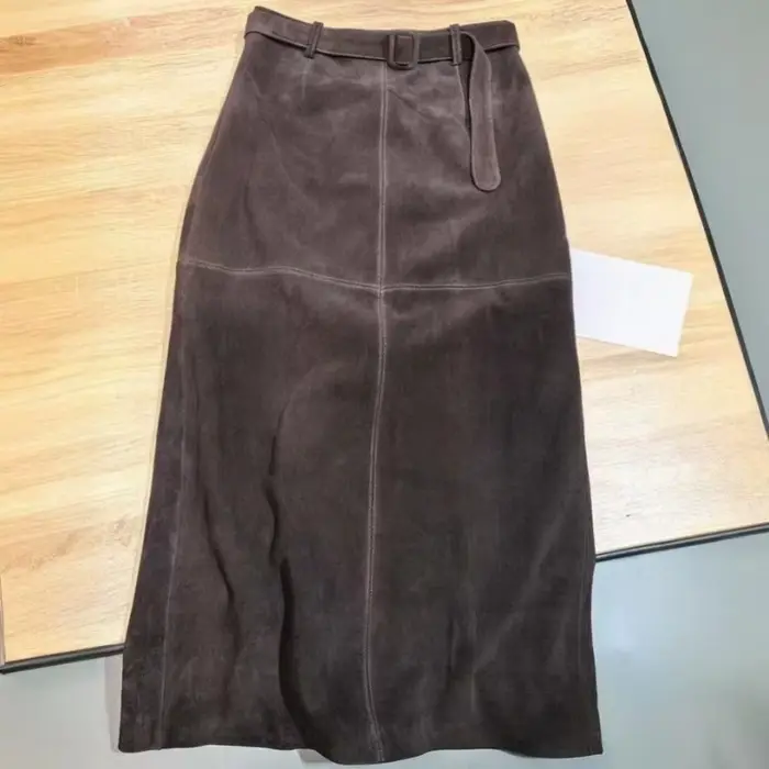Jupes longues rétro en daim et cuir véritable pour femmes, couleur unie, ceinture taille haute de 88