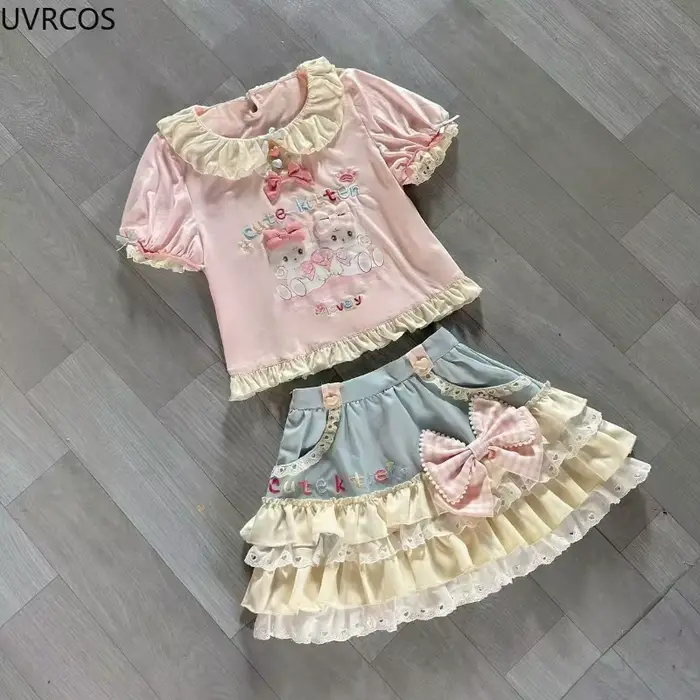 Ensemble jupe Harajuku Y2k style Lolita japonais Kawaii pour femmes avec t-shirt imprimé chat et jupe gâteau mini pour occasions spéciales et quotidienne