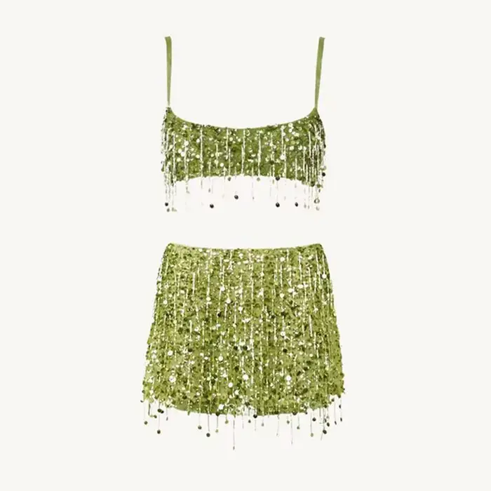 Ensemble jupe à franges à paillettes pour femmes, haut court à bretelles, paquet de hanches, jupes c