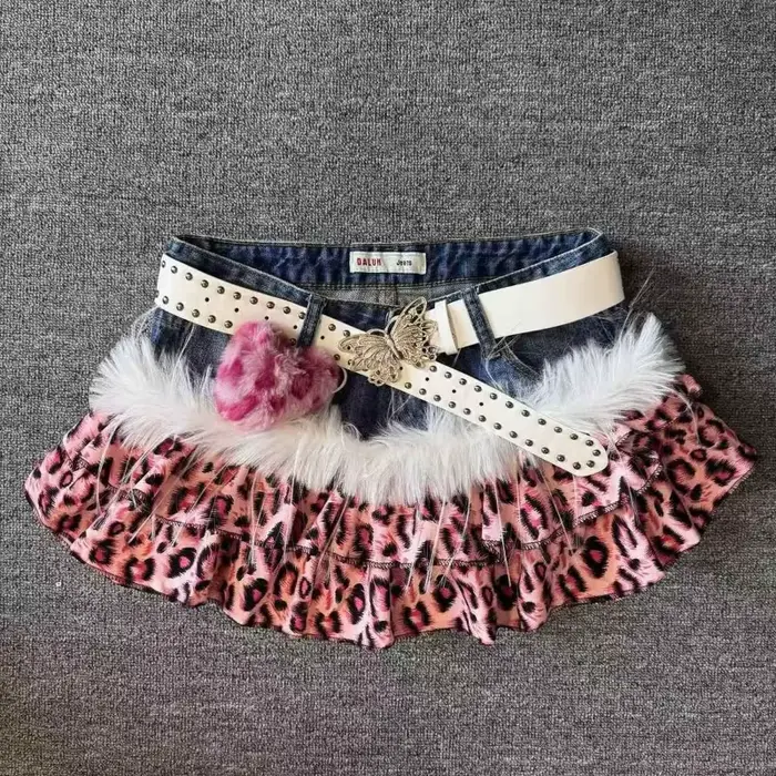 Mini-jupe Y2K Léopard en Denim Patchwork Style Vintage Américain Années 2000 Sexy Subculture Harajuku Streetwear Polyester Occasions Spéciales